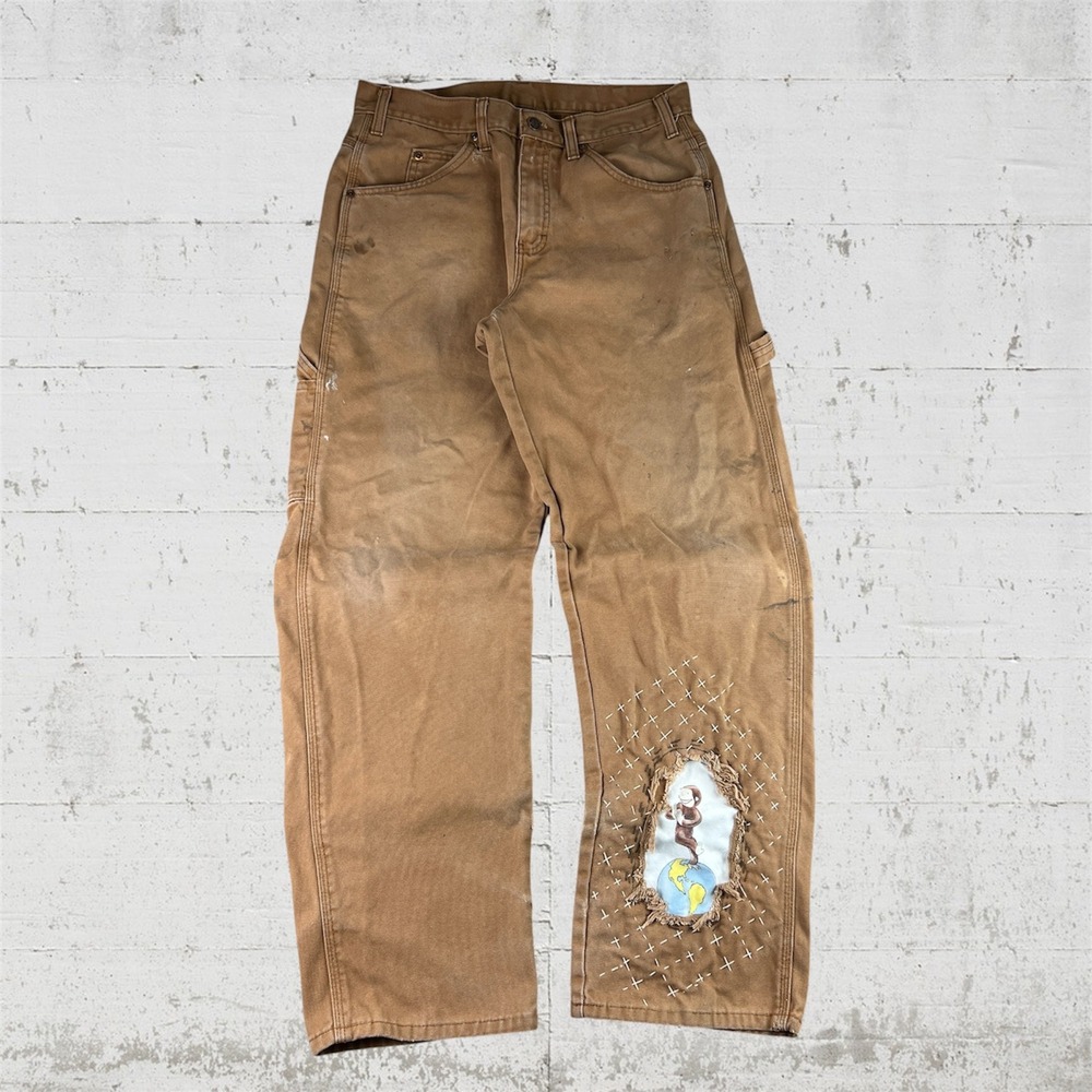 Dickies Carpenter Pants Mens 32x32 Brown Custom Sashiko Curious George Workwear
